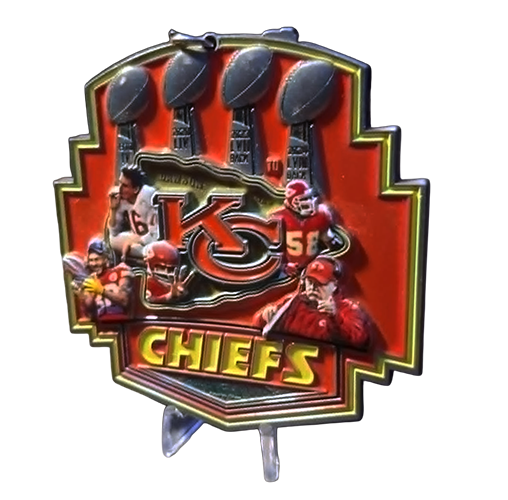 Chiefs personal tribute medallion — stand view Personal Chiefs tribute medallion displayed upright on a clear stand.