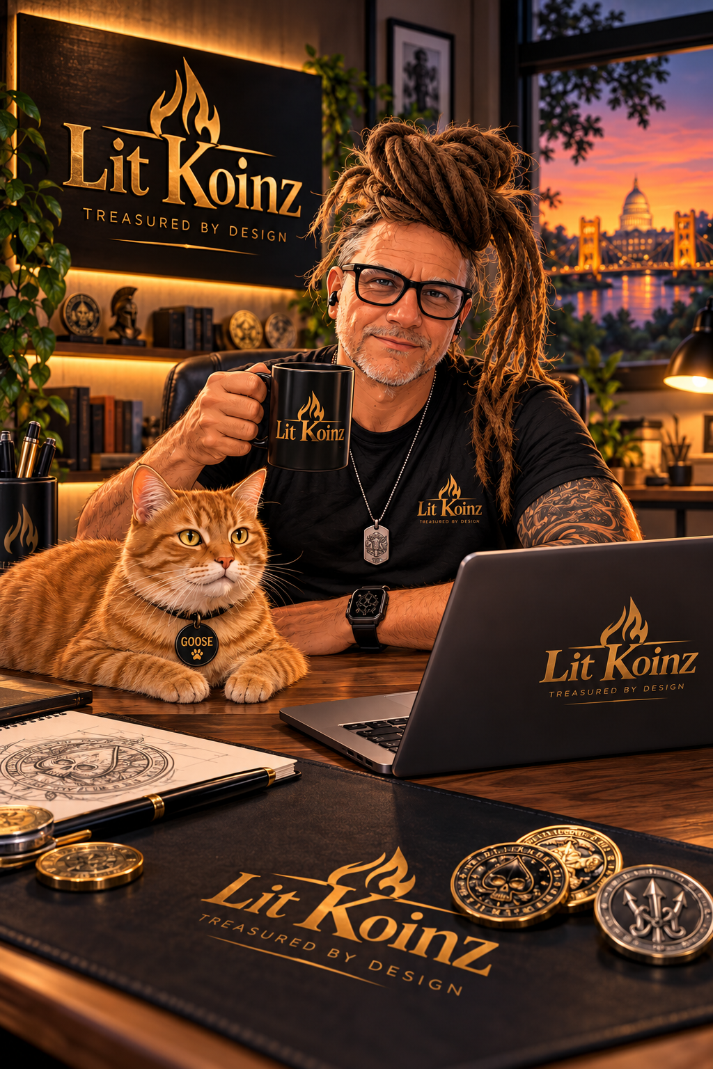 Stylized portrait of Patrick Higgins with Goose in a Lit Koinz design studio